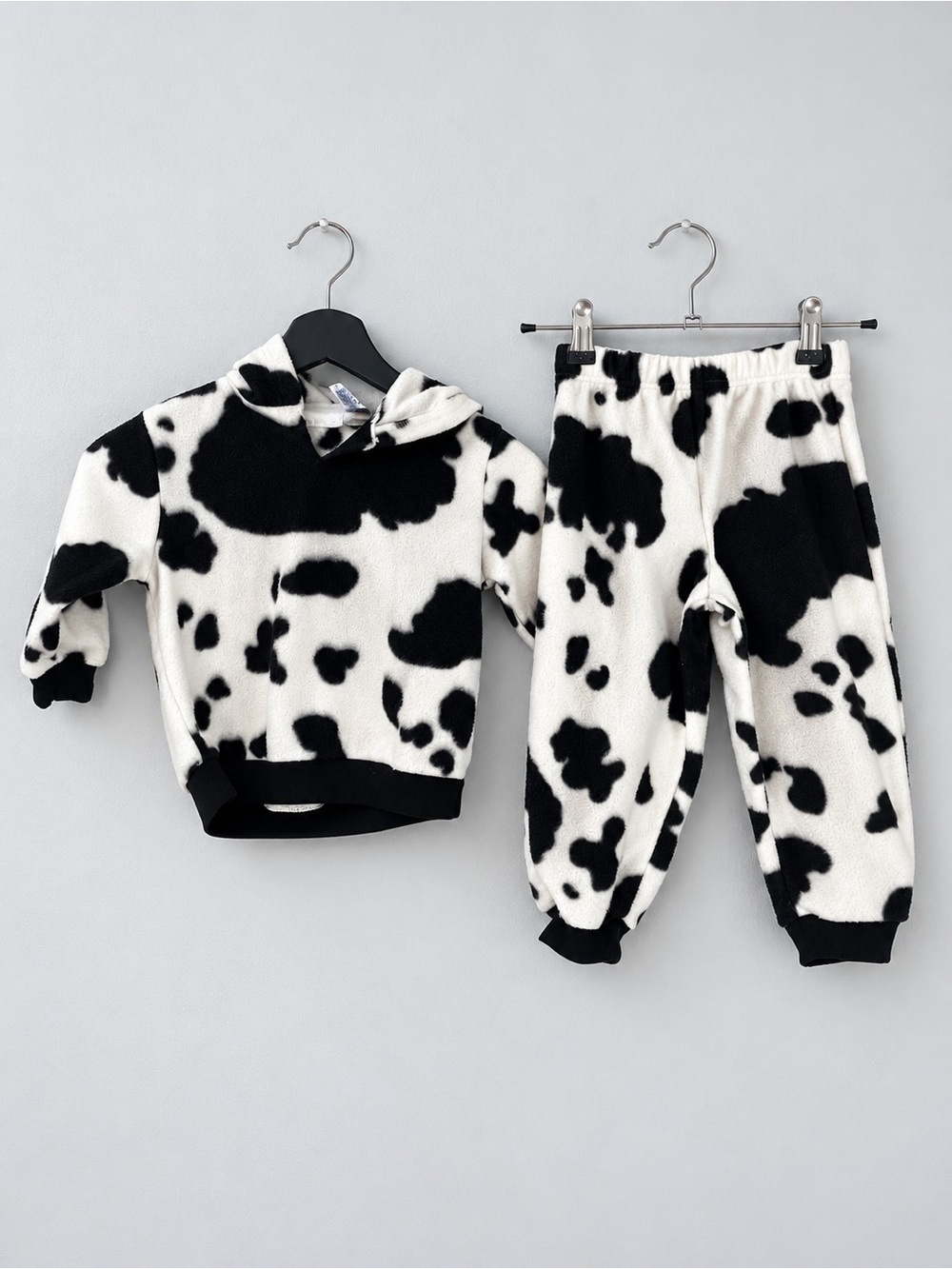 miniwear Black & White Cow Print Fleece Hoodie and Joggers Set